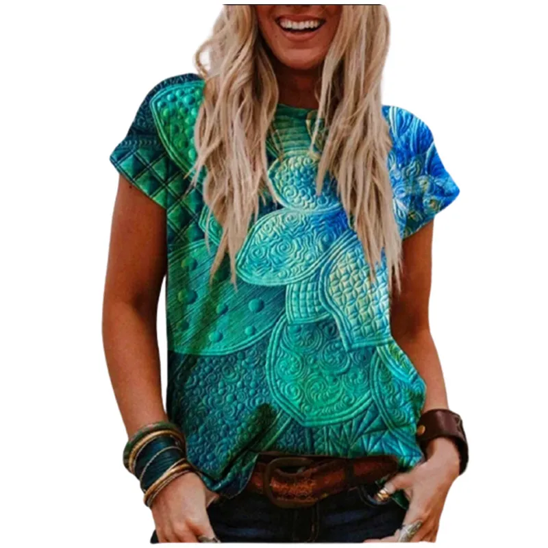 

3D Floral Print T-shirt Women 2022 Summer O-Neck Short Sleeve Loose Tops Casual Ladies Clothes Streetwear