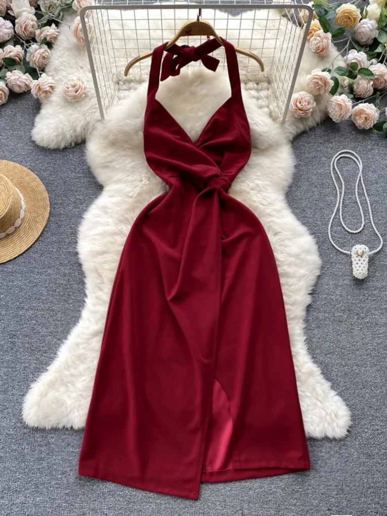 

Foamlina Women Vintage Summer Dress Solid Sexy Lace-up Halter Neck Sleeveless Backless Twist Front Split A-line Long Party Dress