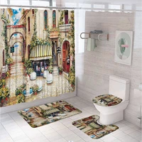oil painting exotic retro street flower shower curtain set building scenery bathroom curtains non slip bath mat rug toilet cover