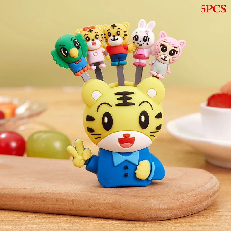 

5Pcs/Set Cute Cartoon Stainless Steel Dessert Fruit Forks With Holder Set