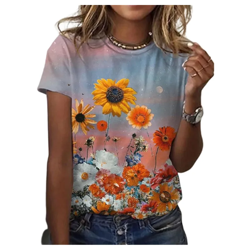 

Womens Short-sleeved T-shirt, O-neck, 3D Printing Floral Casual Loose Blouse, Urban Fashion and Elegant Womens Clothing 2021
