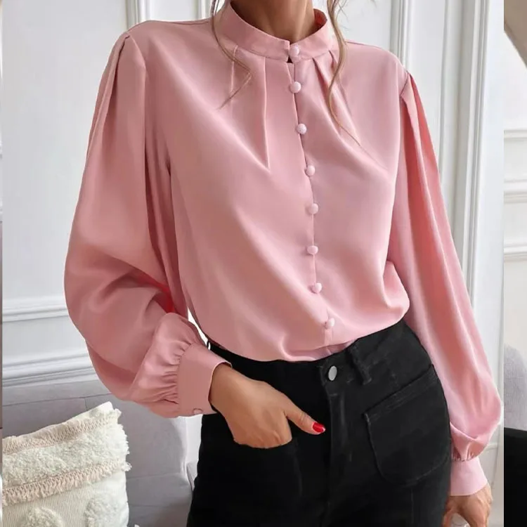 

Women's Shirt New Elegant Solid Color Lapel Long Sleeve Single Row Button Loose Women's Top