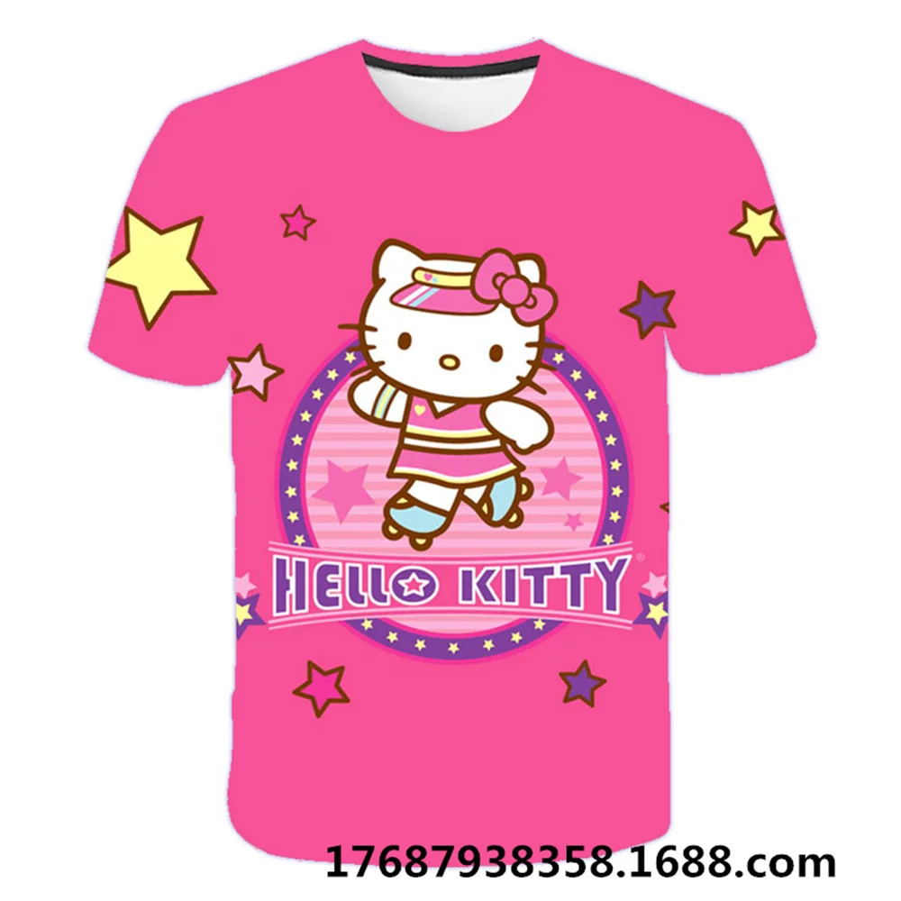 

2023 летняя футболка Hello Kitty для девочек, детская футболка, кавайные женские футболки y2k с коротким рукавом и круглым вырезом, топы
