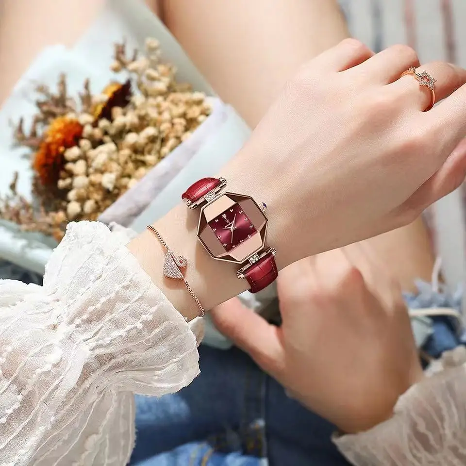 2023 Luxury Quartz Watch Girl's Elegant Fashion Red Dial Waterproof Ladies Leather Watches Women High Quality Zegarek Damski Hot