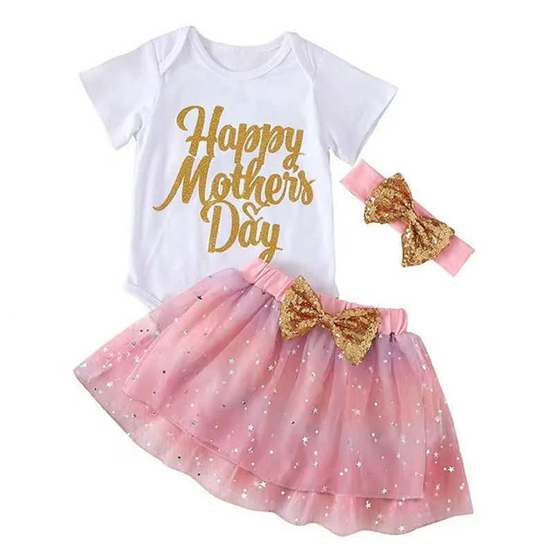 

Newborn Baby Girls Skirt Sets Outfit Summer Clothes 2023 Short Sleeve Letter Bodysuit Tulle A-line Skirt Headband Baby Items