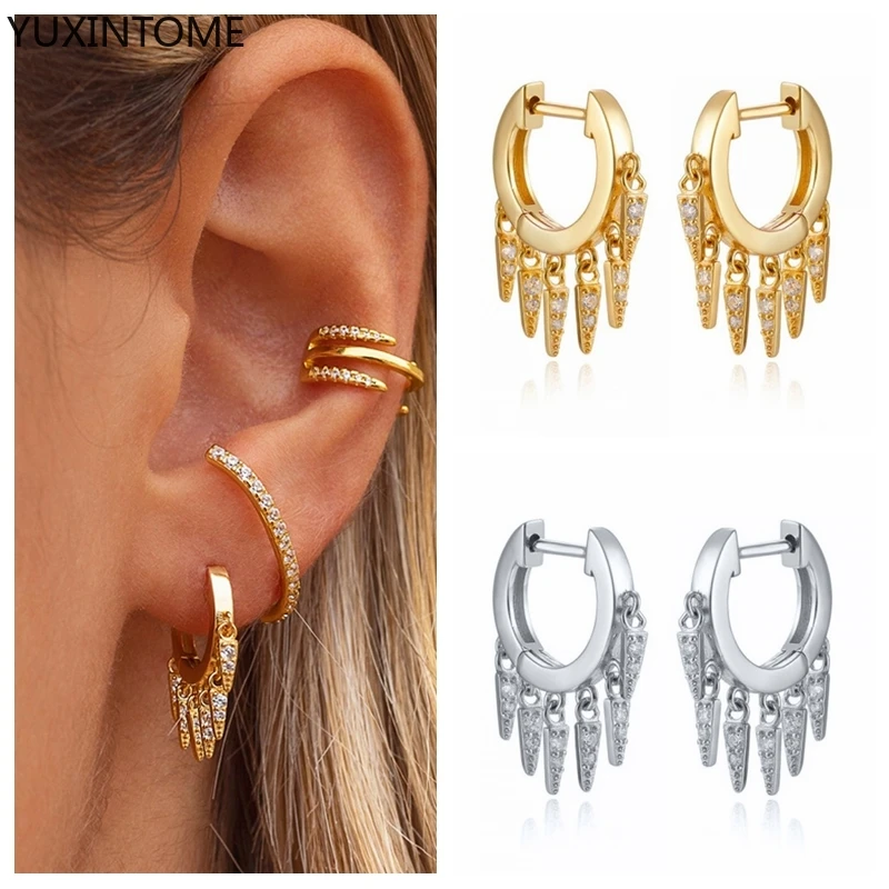 YUXINTOME 925 Sterling Silver Ear Needle Hoop Earrings Triangular Tassel Huggies Earrings for Women Fine Jewelry Gift pendientes