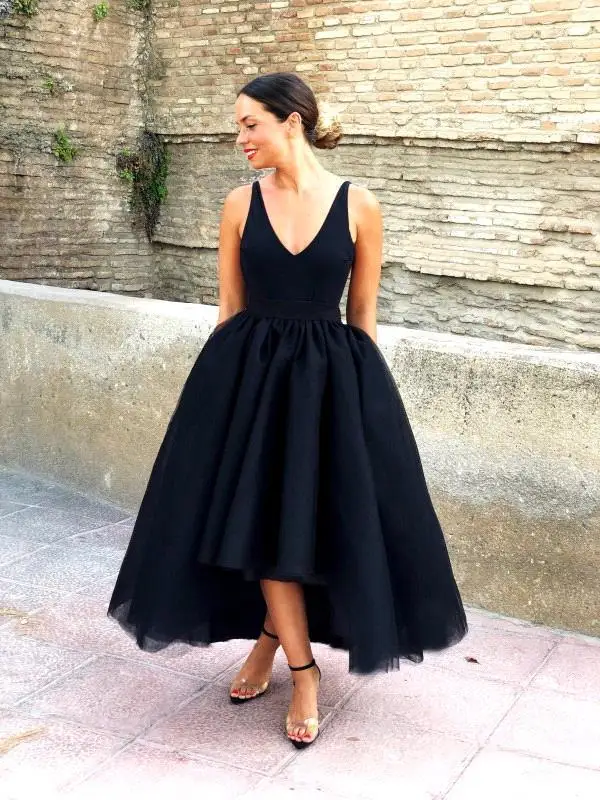 

Little Black V Neck Formal Evening Dress Chiffon Column Ankle-Length A-Line Short Front Long Back Elegant Women Long Dresses