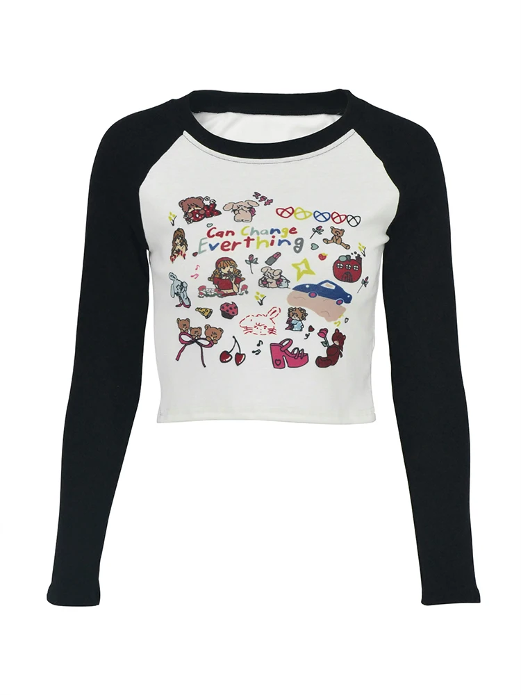 Женская футболка с длинным рукавом круглым вырезом и принтом