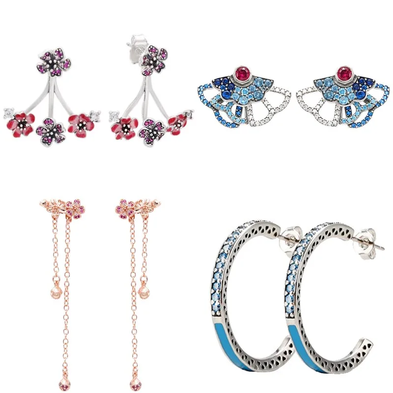 

Original 925 Sterling Silver Pink & Blue Fan Peach Blossom Radiant Hearts Stud Earring For Women Gift Popular DIY Jewelry