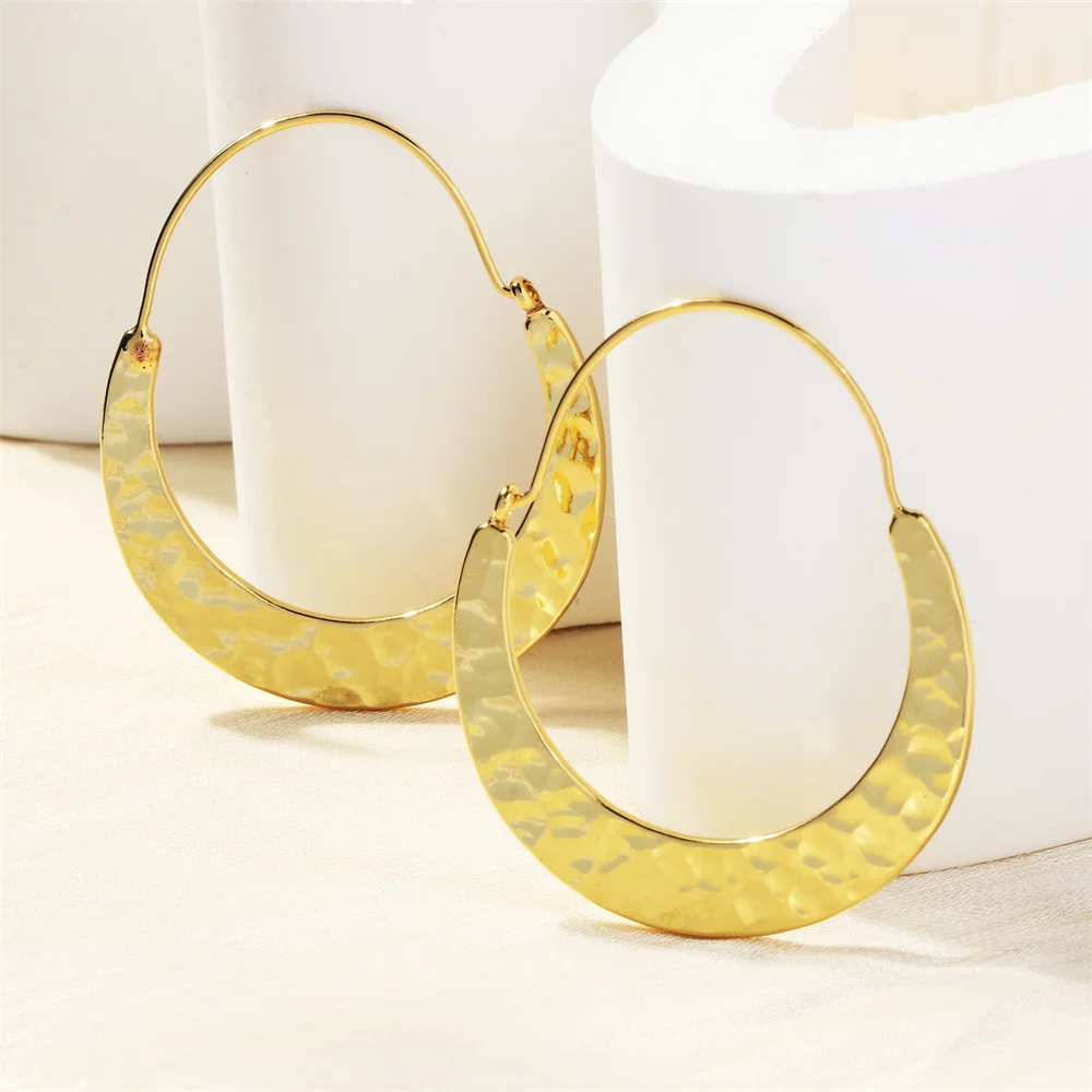 

New Vintage Gold Color Geometric Irregular Hammered Big Hoop Earrings Women's Minimalist Metal Texture Earrings Fashion Jewelry