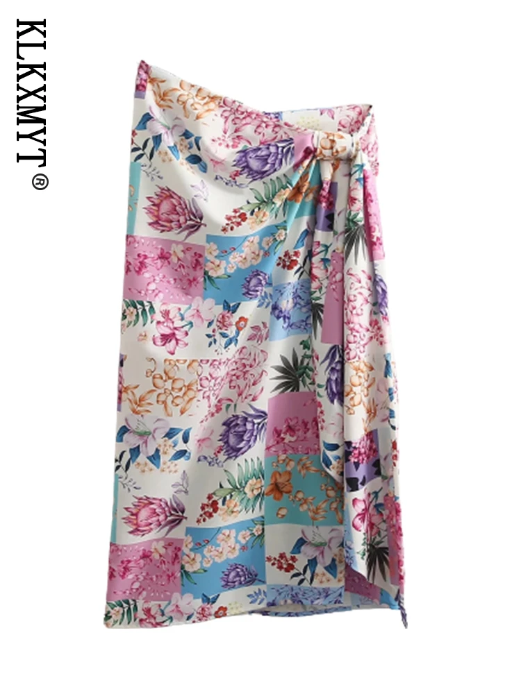 

Women Skirt 2022 Fashion Print With Knot Gathered Front Slit Midi Skirt Vintage High Waist Back Zipper Female Skirts