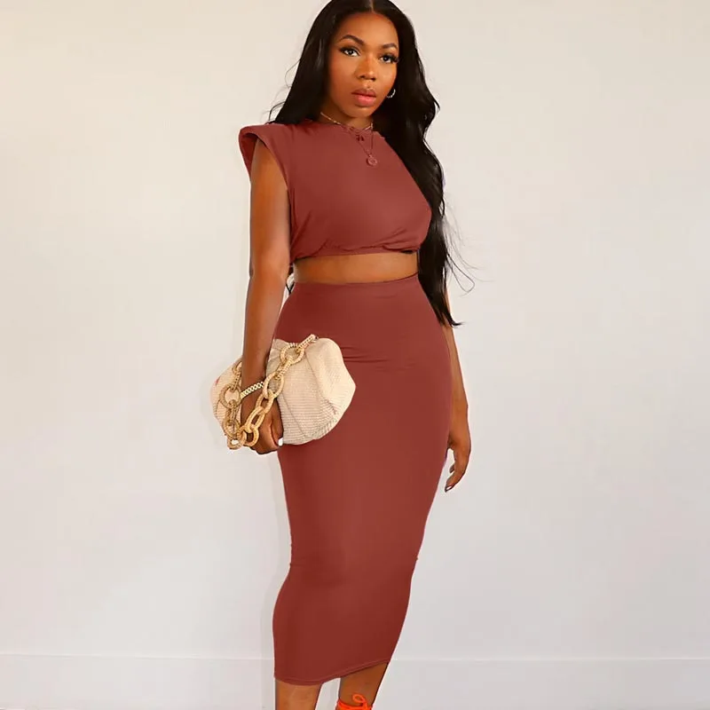 

Fashion Women Solid Bodycon 2 Piece Skirt Set 2021 Summer Sleeveless Party Streetwear Sexy Sheath Midi Skirt Suits Female