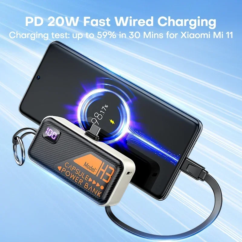 Фото Mini Power Bank 20000 мАч Встроенный кабель PD 20 Вт Портативное зарядное устройство Быстрая зарядка для IPhone13 14 15 Внешний аккумулятор Samsung Xiaomi №3