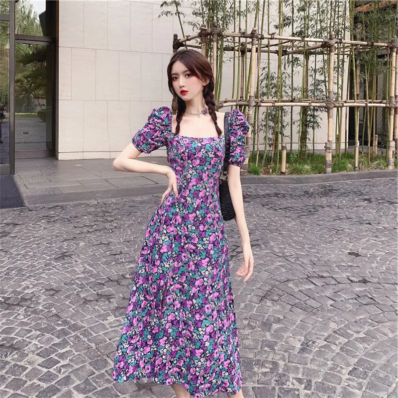 

2022 Summer New Women's Purple Midi Floral Dress Retro French Puff Sleeve Slit A-line Skirt Temperament Elegant Ladies Clothes