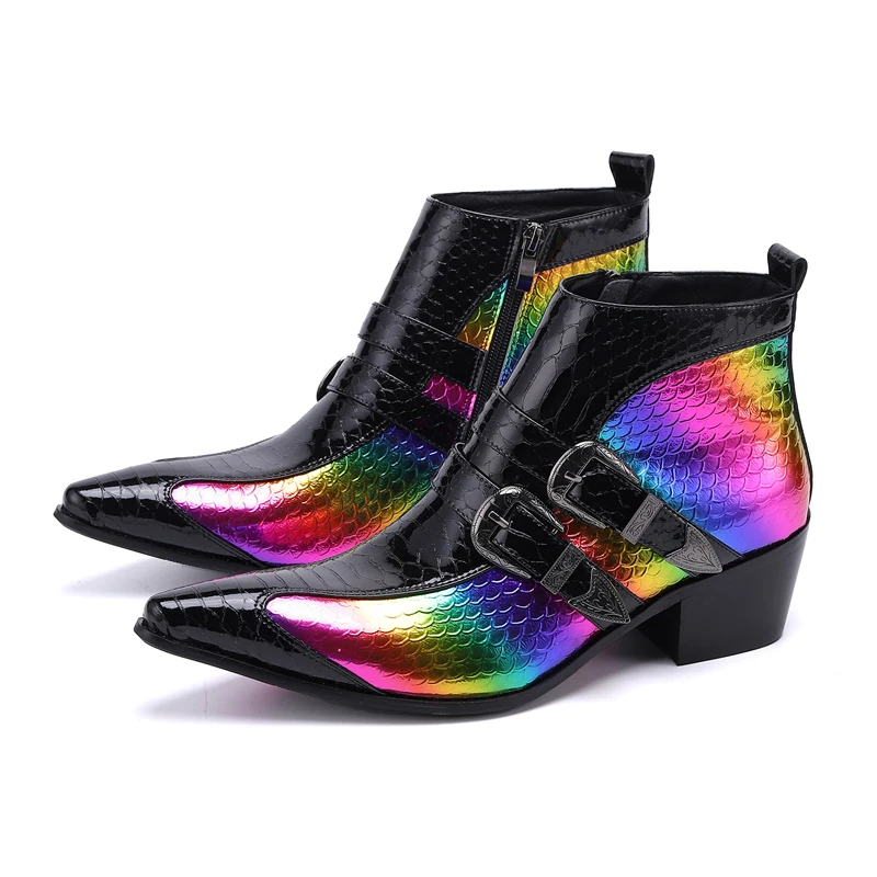 

2023 Nightclub Male Pointed Toe Dress Shoes Banquet Buckle Strap Ankle Boots Plus Size Party Serpentine Real Leather Short Boots