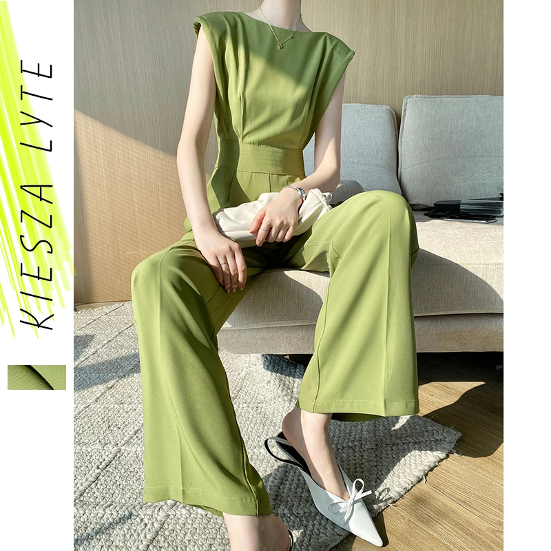 Green Sleeveless Jumpsuit for Women's High Quality Summer Shoulder Padded Jumpsuits