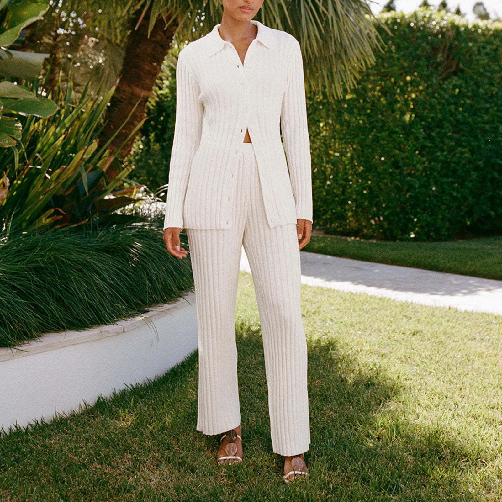 

Женский трикотажный костюм из 2 предметов, повседневный комплект из двух предметов с воротником с лацканами и простых брюк на пуговицах, однотонный повседневный костюм