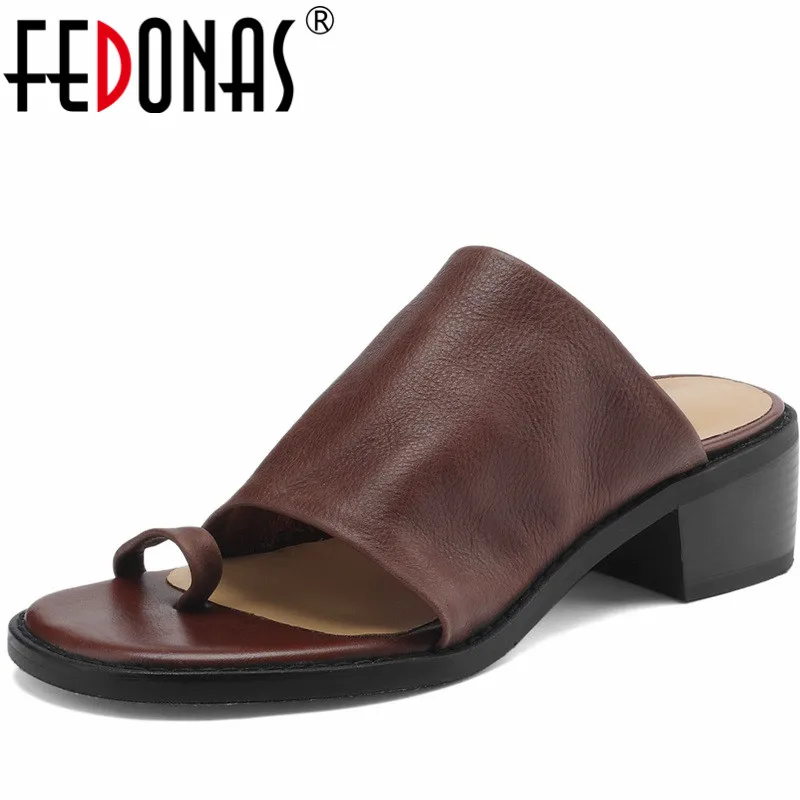 

FEDONAS Vintage Chunk Slippers Women Sandals Genuine Leather Quality Thick Heels Casual Office Working Shoes Woman Retro Style