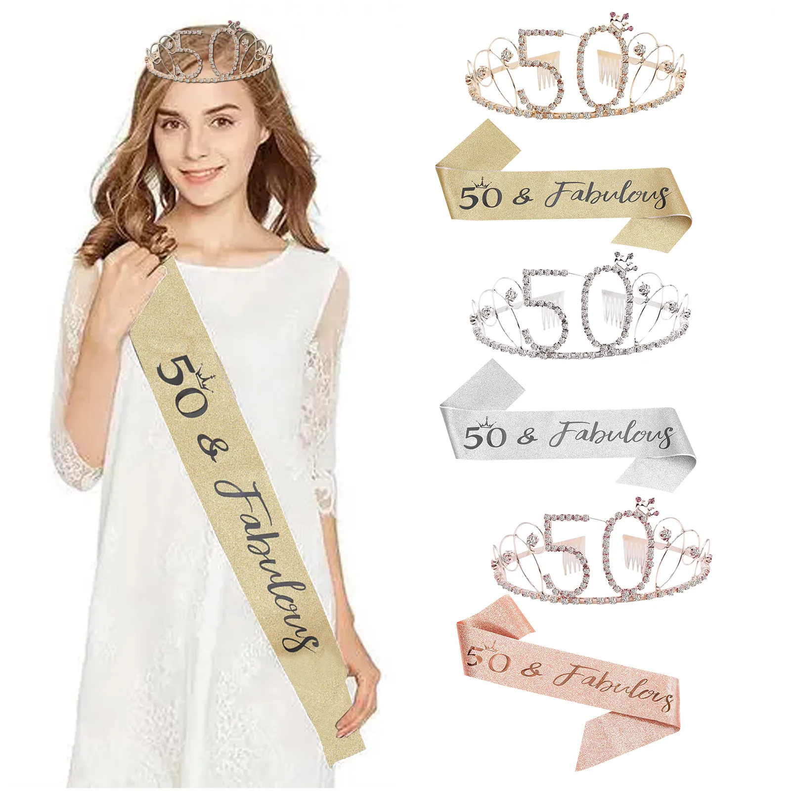 

Birthday Party Decoration 50 Rose Gold Satin Sash Crystal Crown Tiara Happy Birthday Anniversary Party Supplies