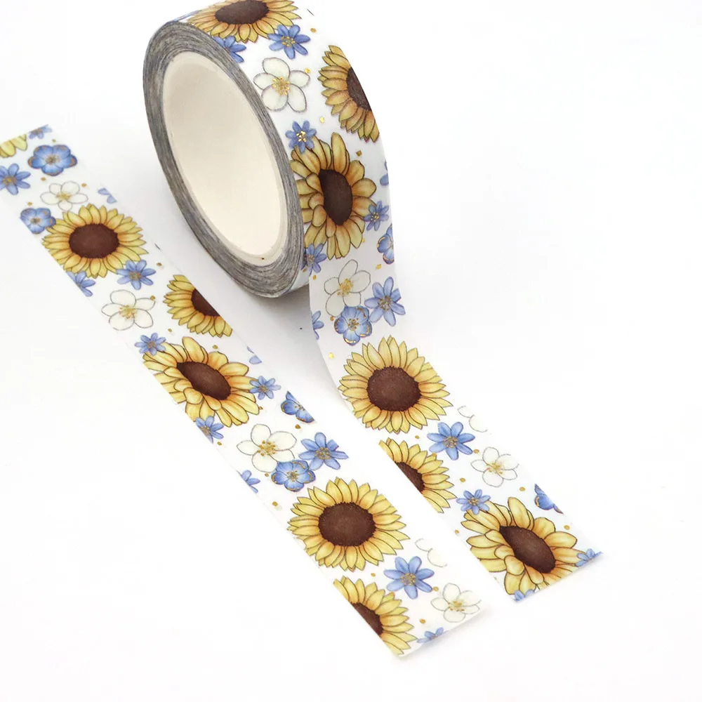 

NEW 1PC 15mm*10m Gold Foil Sunflowers and Blue Flower Floral Decorative Washi Tape Stationery Colourful Tape Office Supply