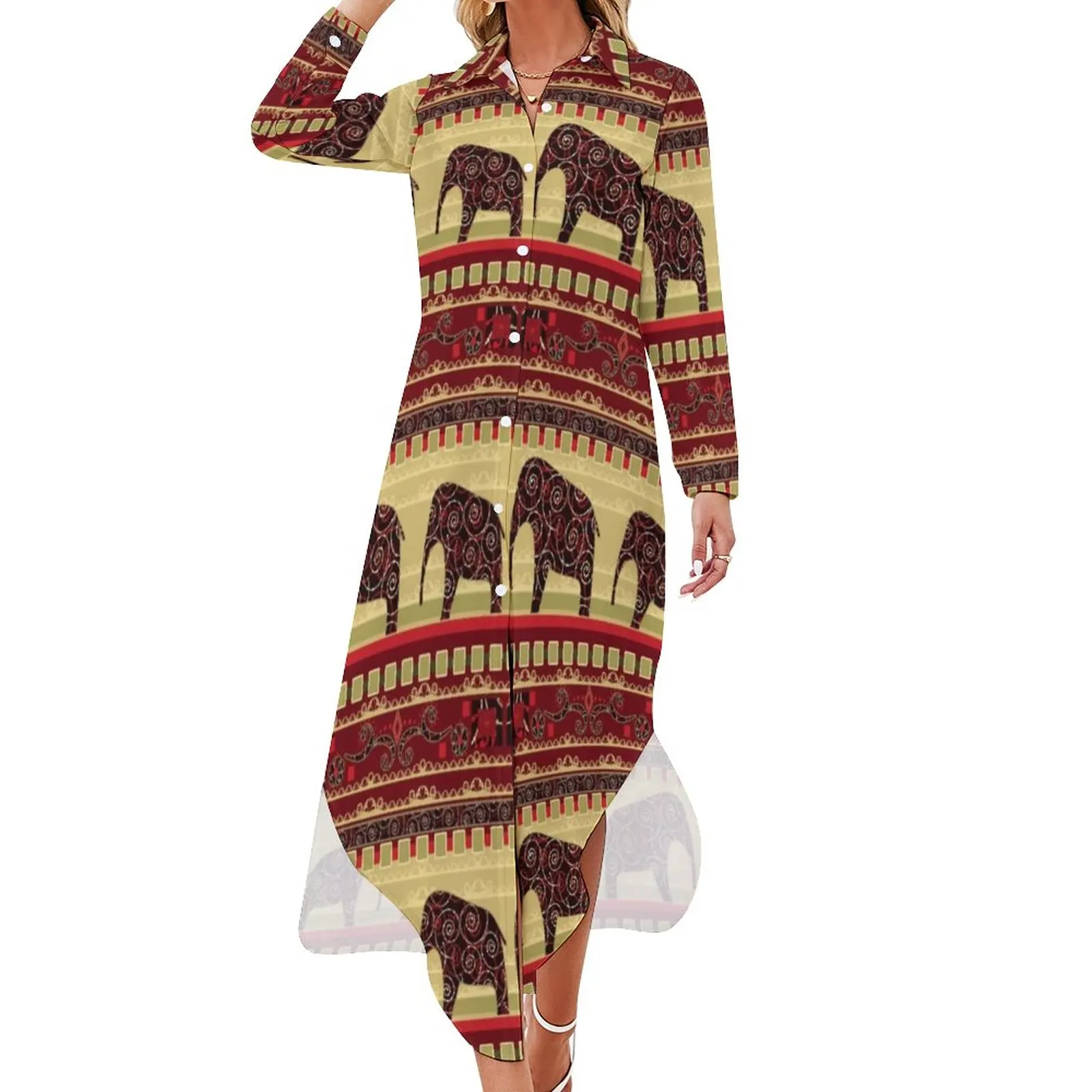 

Vintage Elephant Casual Dress African Print Art Stylish Dresses Sexy Vintage Chiffon Dress Long Sleeve Vestidos Big Size 4XL 5XL