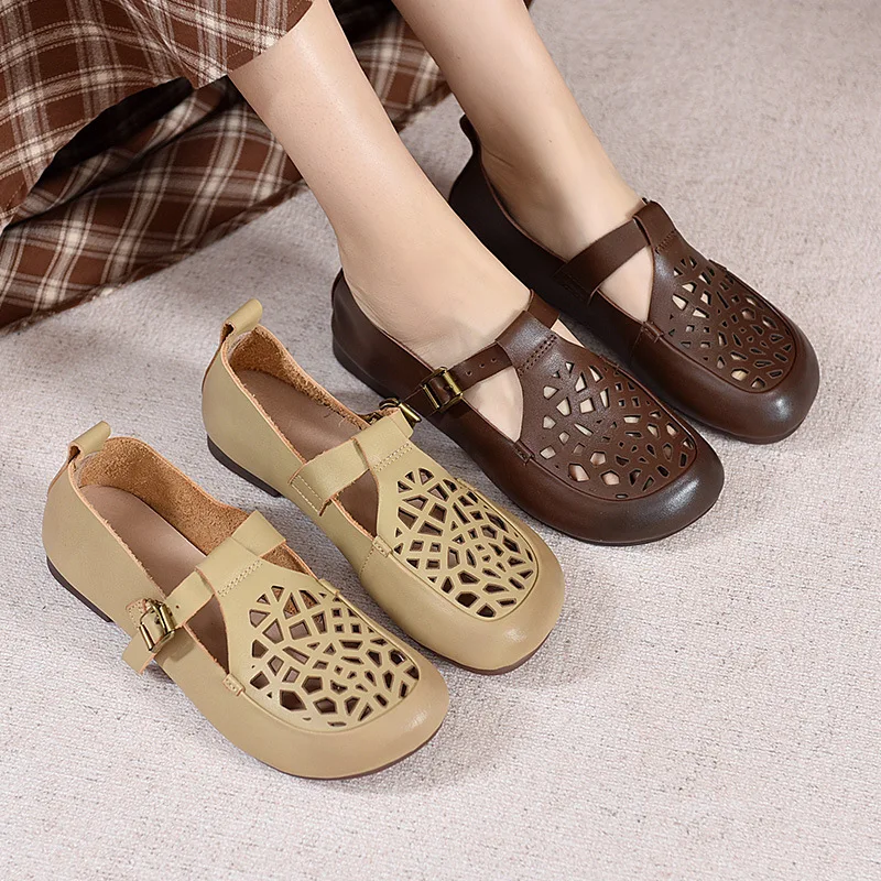 

YourSeason Shoes Ladies Flats Genuine Leather Vintage Hollow-out Round Toe Autumn Summer Buckle Strap Concise Women Girls Flats
