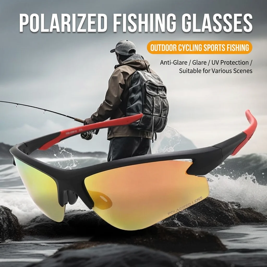 Фото Мужские поляризованные солнцезащитные очки для рыбалки HD Lake Vision Sport UV400 с полуоправой, зеркальные, для активного отдыха №4