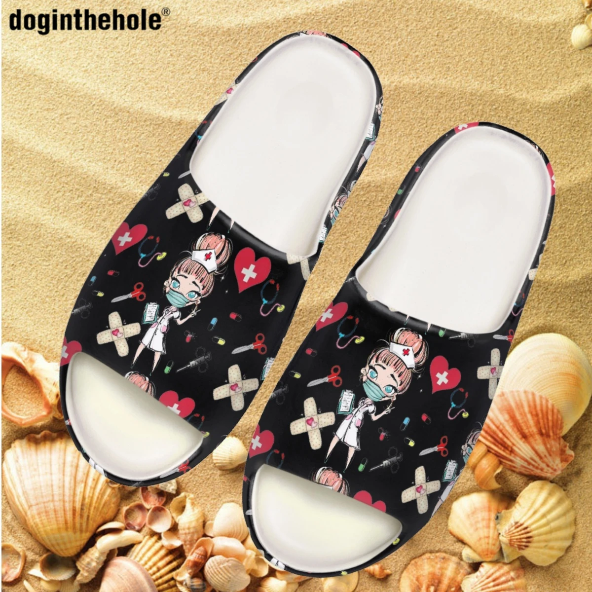 

Doginthehole Cartoon Nurse Medical Equipment Print Women's Coconut Slippers Summer New Hospital Nursing Slippers Beach Sandals