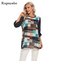 kupuyabe womens shirt summer polyester plaid shirt with 34 chiffon sleeve womens casual fashion ladies top