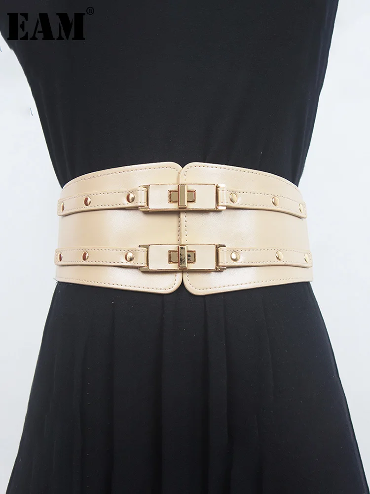 

[EAM] Pu Leather Apricot Irregular Elastic Wide Belt Personality Women New Fashion Tide All-match Spring Autumn 2022 1DE9511