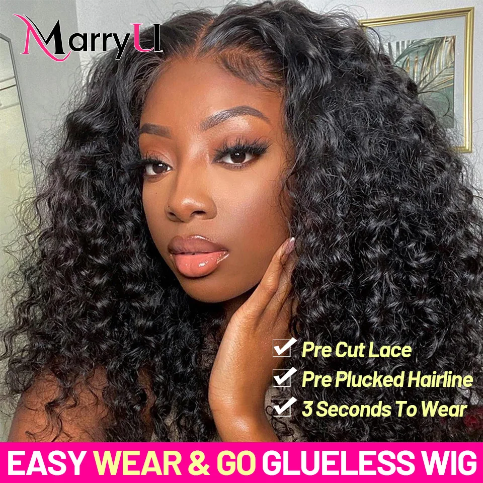 Water Wave Curly Glueless Wigs Easy Wear Go Glueless Wig Pre-Cut Swiss Lace Wig Natural Wave Curly Human Hair Wig For Women