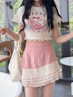 houzhou white tshirt for women sweet kawaii lace patchwork flowers rabbit print short tops preppy style 2022 summer cute tees