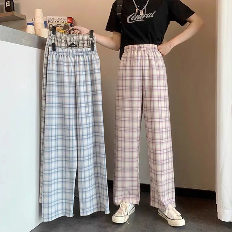 Lucyever Women Casual Loose Plaid Pants 2022 Summer New High-waisted Straight Pants Woman Fashion Streetwear Wide Leg Trousers