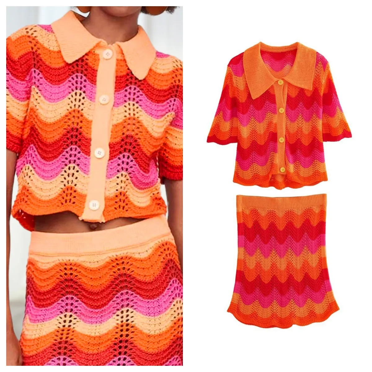 

Women Short Sleeve Top And Elastic Wasit Skirt Sexy Knit Wave Striped Crop Top Skirt Set Chic Trendy Casual Summer Streetwear