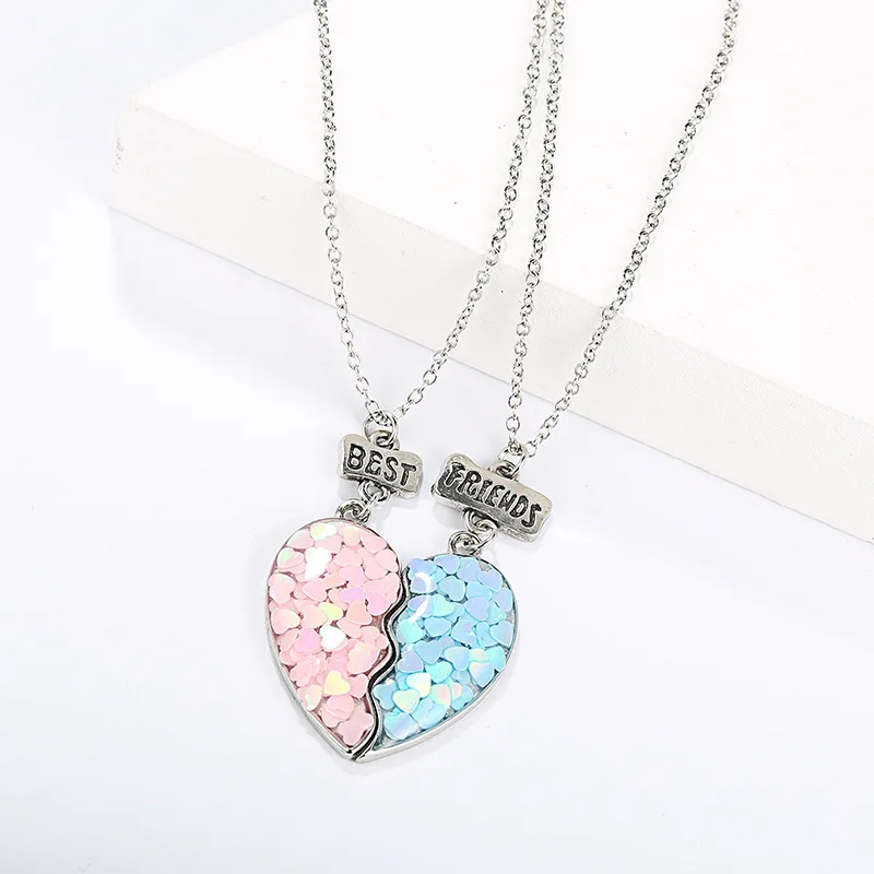 

Xingyunday Hot Sequin Stitching Heart Broken Best Friends Necklace Pendant Chain BFF Friendship Jewelry Gifts For Kids 2PCS/Set