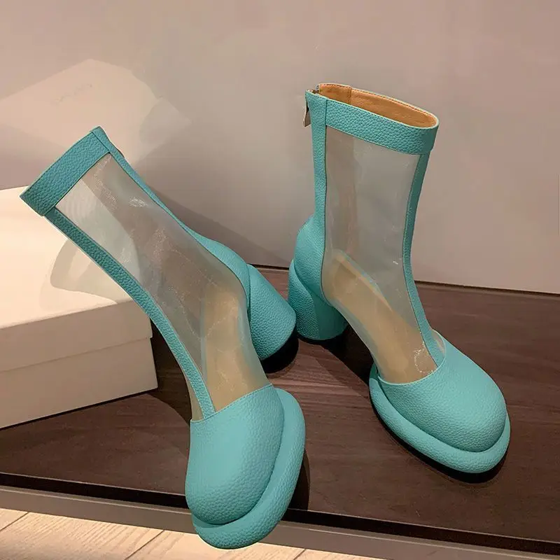 

Ботинки женские сетчатые с круглым носком, Модные дышащие высокие сапоги, высокий каблук, летняя обувь