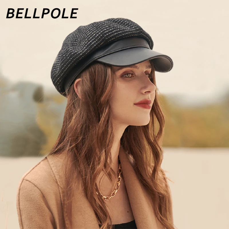 

BELLPOLE Autumn Winter Berets For Women Fashion PU leather Hat Brim British Artist Octagonal Cap Painter Casual Adjustable Cap