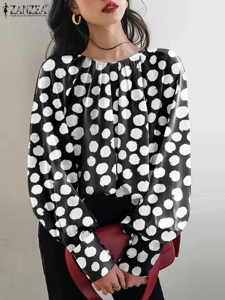 

ZANZEA Fashion Round Neck Dot Print Blouses Women Puff Sleeve Pleated Tops Casual Commuting Blusas Office Lady Loose Shirts Femm