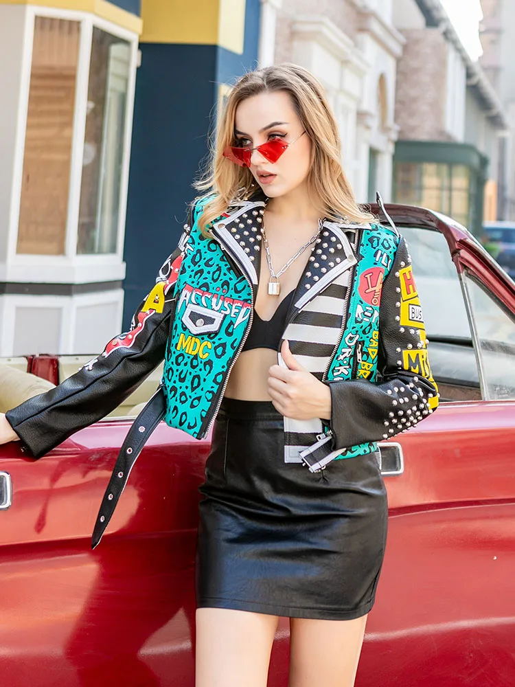 Cropped Motorcycle Leather Jacket Women 2023 Trend Streetwear Punk Contrast Color Graffiti Print Faux Leather Studded Jackets