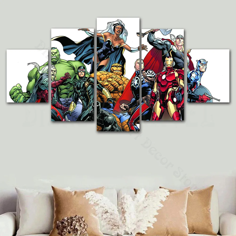 

5 Pannel Canvas Painting Marvel Comics Characters Collection Wall Art Hulk Iron Man Thor Wall Art Picture for Living Room Decor