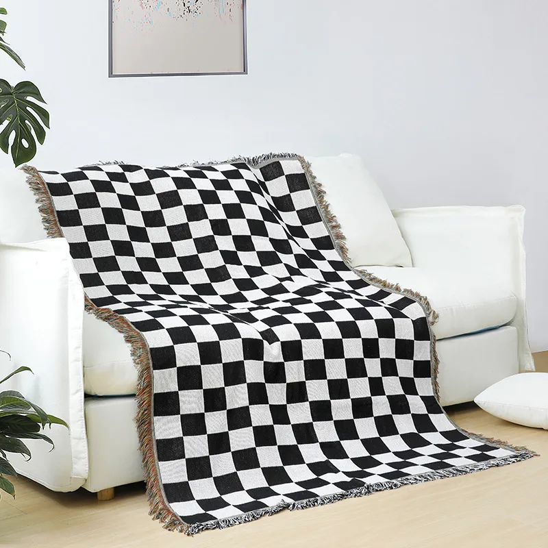 

Black White Woven Throw Blanket American Style Sofa Towel Cover Decor Blanket Wall Carpet Hanging Tapestry Picnic Mat Room Rugs