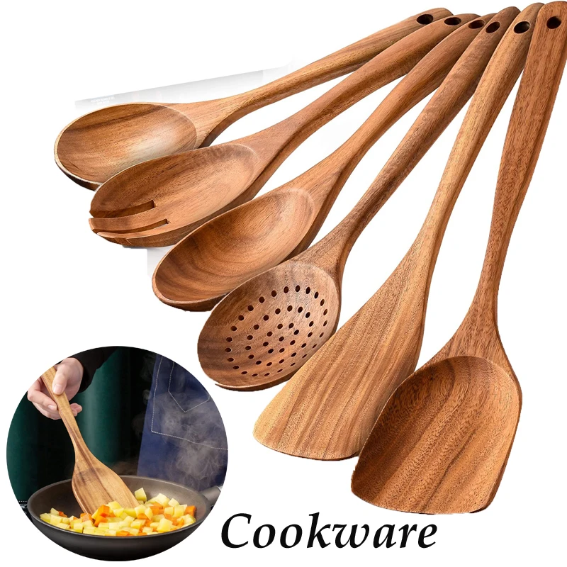 

Durable Teak Natural Wood Spoon Nonstick Special Wooden Cooking Tools Safe Long Handle Cookware Slotted Spoon Spatula Gadgets