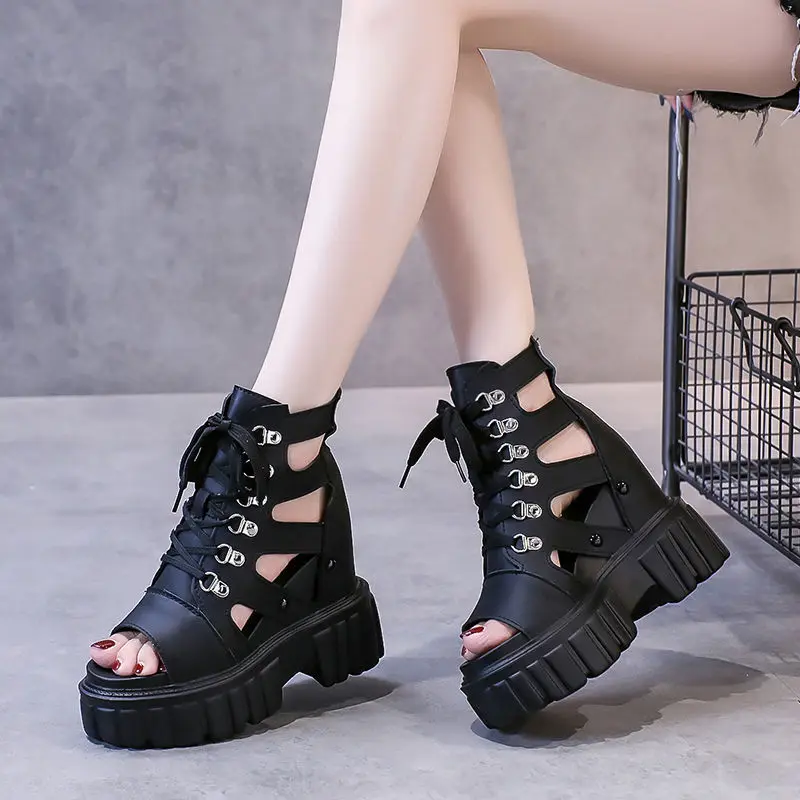 Women Summer Sandals Leather Wedges Heels Corss-tied Height Increasing Fashion Causal Shoes Ladies Sandals