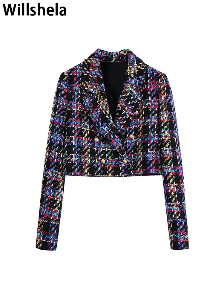 

Willshela Women Fashion Texture Plaid Double Breasted Cropped Blazer Vintage Notched Neck Long Sleeves Female Chic Lady Tops