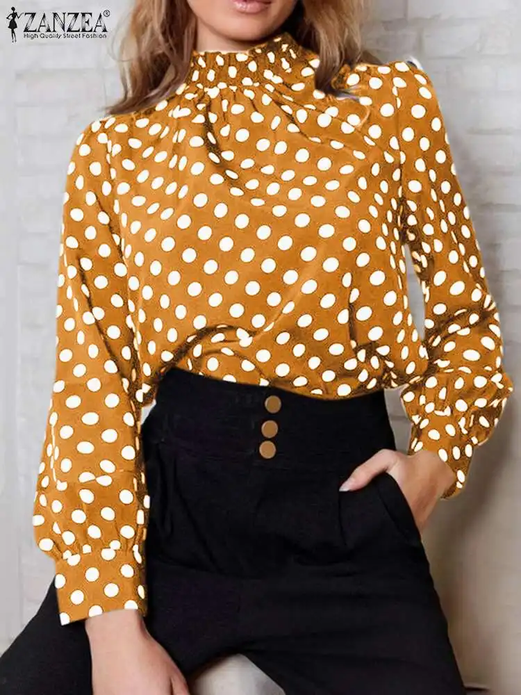 

2022 Elegant OL Work Tops ZANZEA Stylish Women Polka Dot Printed Blouse Spring Shirt Vintage Long Sleeve Party Blusas Chemise