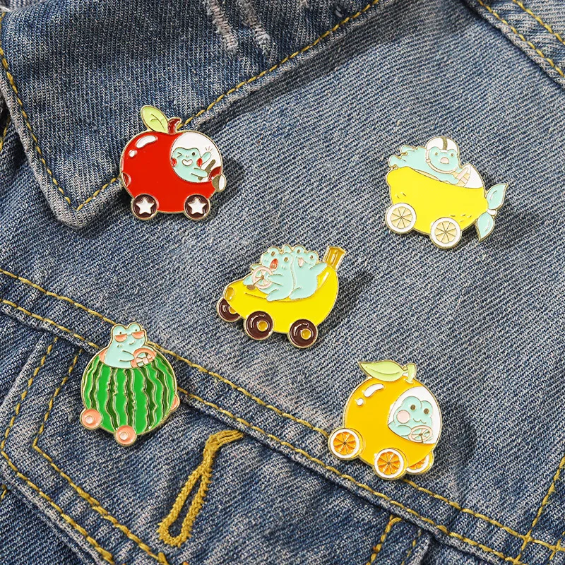 

Frog Driving Fruit Car Enamel Pin Apple Banana Watermelon Lemon Orange Car Brooch Cartoon Animal Jewelry Gifts for Kids Friends