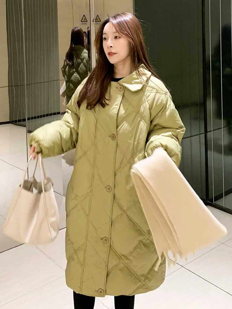 

Winter Female Casual Loose White Duck Down Puffer Parka Outwear Women Turn-down Collar Button Zipper Long Jackets for Women