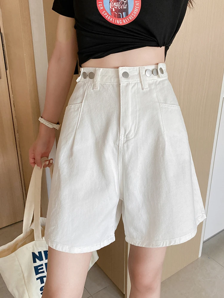 New Spring Summer Women High Waist Loose Blue Denim Shorts Casual Female Wide Leg Button Jeans Shorts Ladies Bottoms