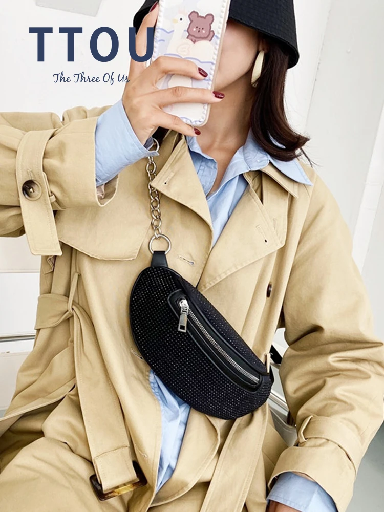 

Поясная сумка со стразами для женщин, Дизайнерская кожаная дамская сумочка на ремне через плечо, однотонная забавная бананка на бедро