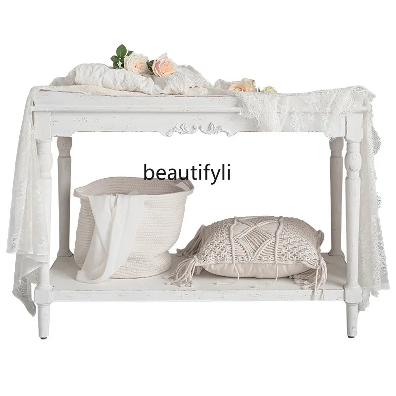 

zqEuropean-Style Retro Storage Rack Floor Decoration White Carved Solid Wood Display Rack French Double-Layer Storage Table